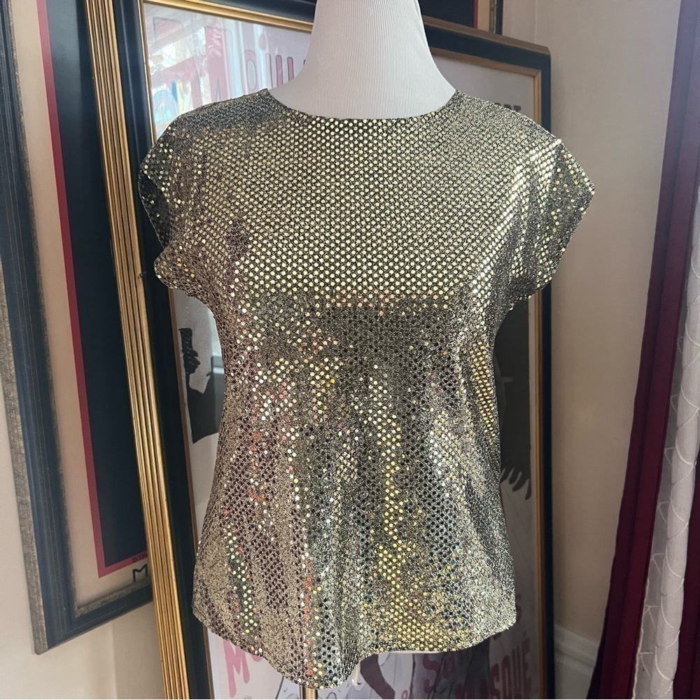 Joanna: Vintage Metallic Sparkle Gold Sequin Black Tank Blouse Top Size Medium